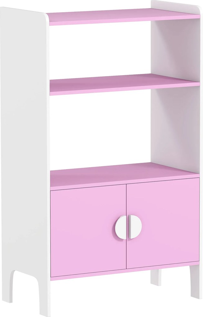 AIYAPLAY Estante de livros infantil, 2 prateleiras, 2 armários, independente, design anti-tombamento, pés antiderrapantes, MDF, Rosa+Branco | Aosom Portugal