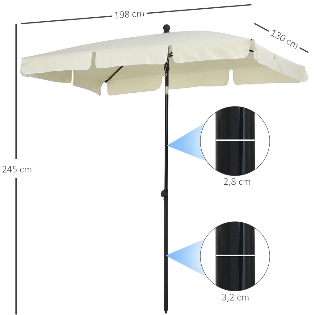 Chapéu de Sol Retangular de Jardim 198x130x240cm Chapéu de Sol de Alumínio com Função de Inclinação para Terraço Pátio Exterior Creme