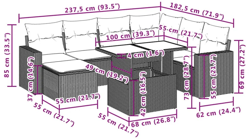 8 pcs conjunto de sofás p/ jardim com almofadões vime PE bege