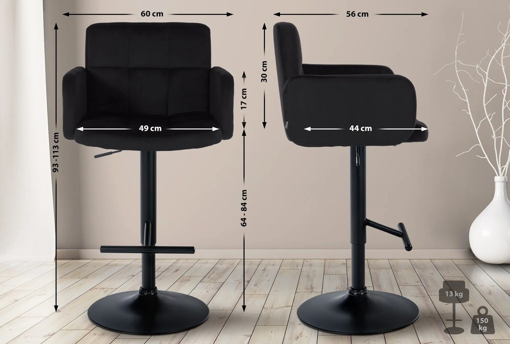 Banco de bar Los Angeles em veludo com estrutura preta 93-113 x 60 x 56 cm Preto