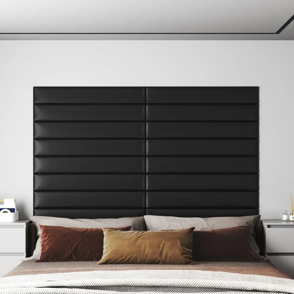 vidaXL Painel de parede 12 pcs 90x15 cm couro artificial 1,62 m² preto
