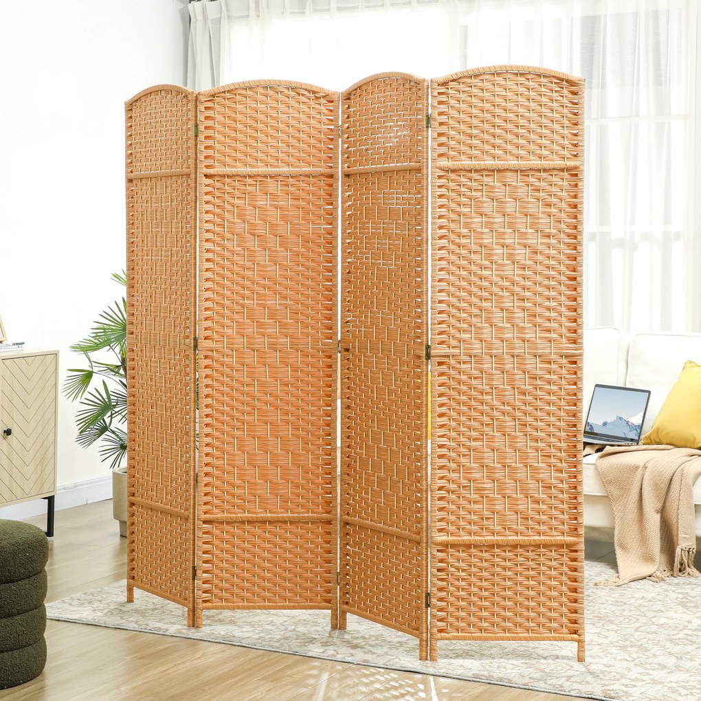 Biombo de interior em madeira 180 x 180 cm,, com 4 painéis, divisória dobrável para sala de estar ou quarto, castanho claro