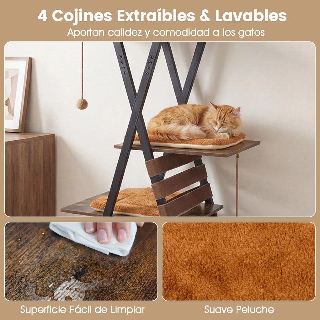 Arranhador para gatos de 185 cm, com vários níveis, 4 plataformas, almofadas, caverna, tapete para arranhar, elásticos e bolas suspensas, em Castanho