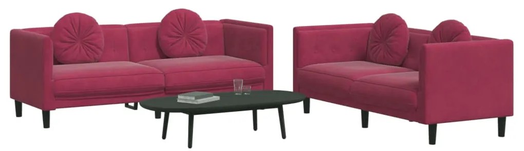 2 pcs conjunto de sofás com almofadas veludo vermelho-tinto