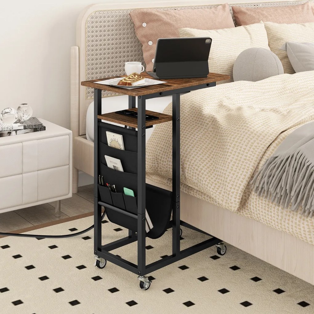 Mesa lateral em formato de C com estação de carregamento, tampo extensível e mesa de sofá com bolso lateral cinza