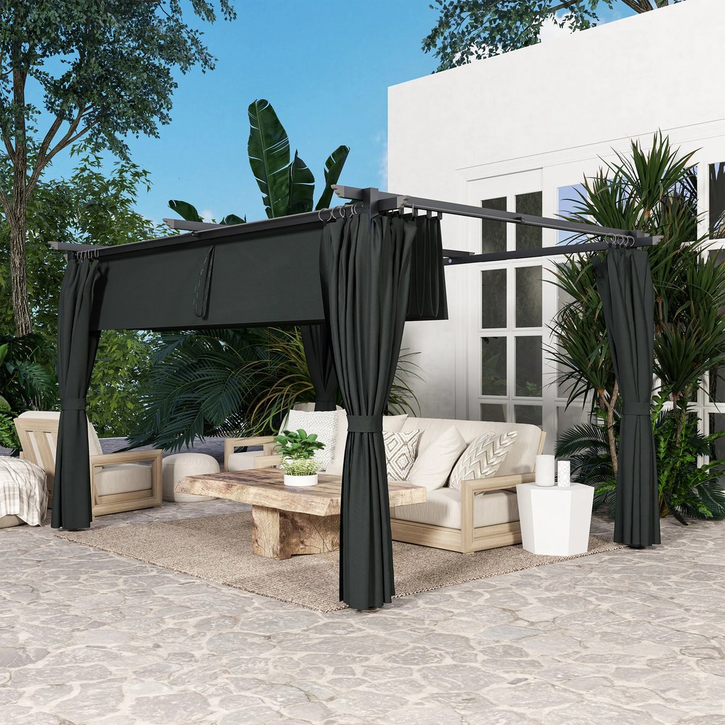 Pérgola com Teto Retrátil 3,9x3x2,2 m Paredes Laterais Tecido de Poliéster Anti UV Pérgola para Jardim Cinzento