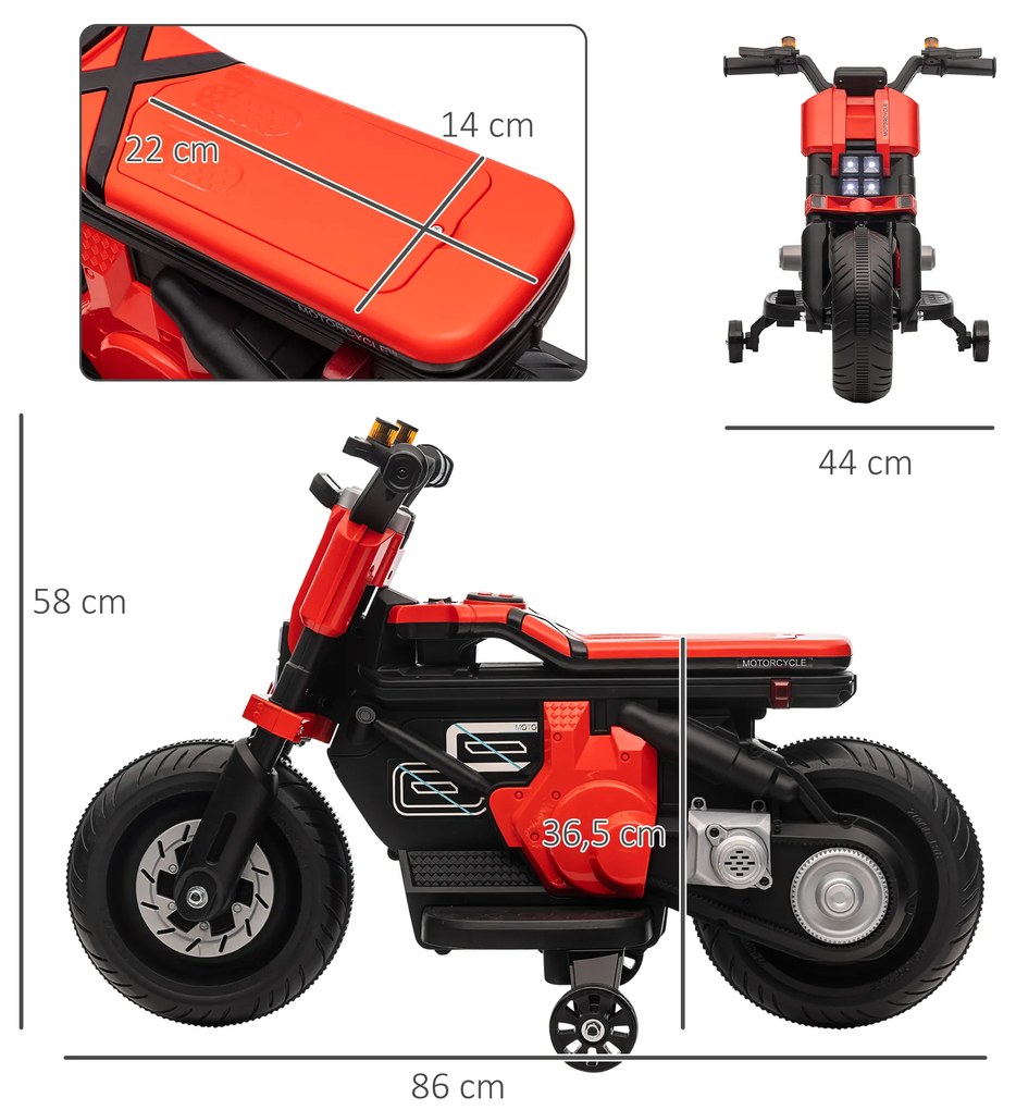 HOMCOM Mota Elétrica Infantil Mota a Bateria 6V com Farol Música Buzina Velocidade 3km/h Avance e Retrocesso e Rodas Auxiliares para Crianças de 3-5 Anos Carga 25kg 86x44x58cm Preto e Vermelho