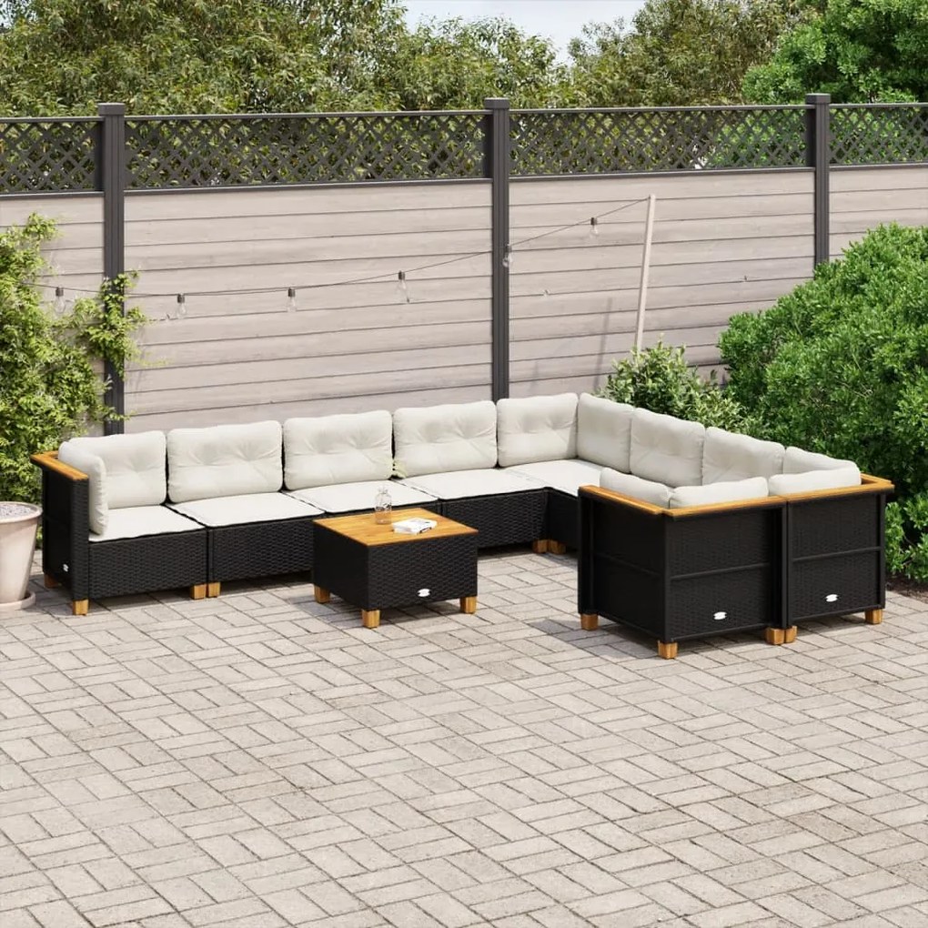 10 pcs conjunto sofás de jardim c/ almofadões vime PE preto