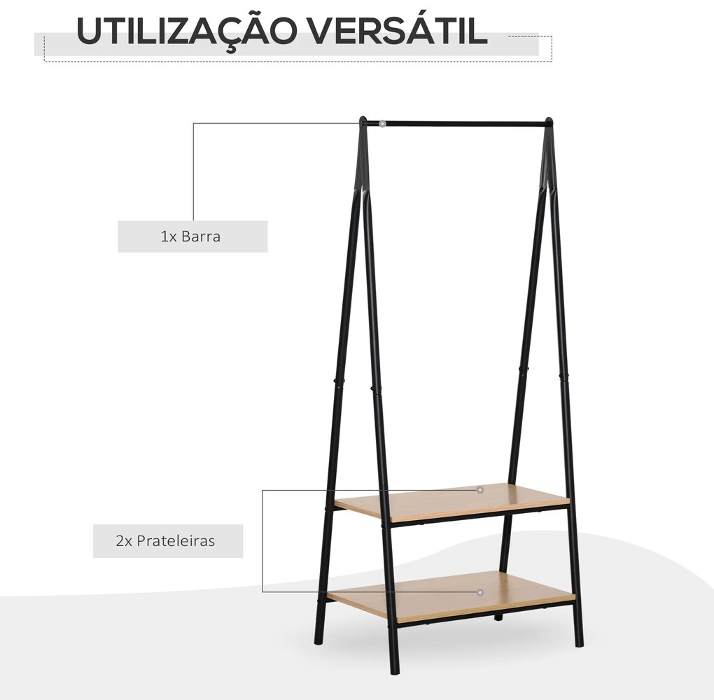 Suporte para Cabides com 2 Prateleiras de Armazenamento Barra para Pendurar e Estrutura de Aço 64x42,5x149 cm Preto