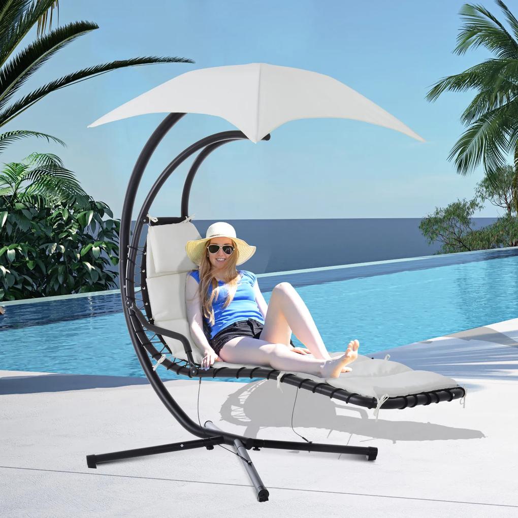 Outsunny Espreguiçadeira Suspensa com Chapéu de Sol com Proteção UV Espreguiçadeira Baloiço Ergonómica para Jardim Pátio 190x110x190cm Creme