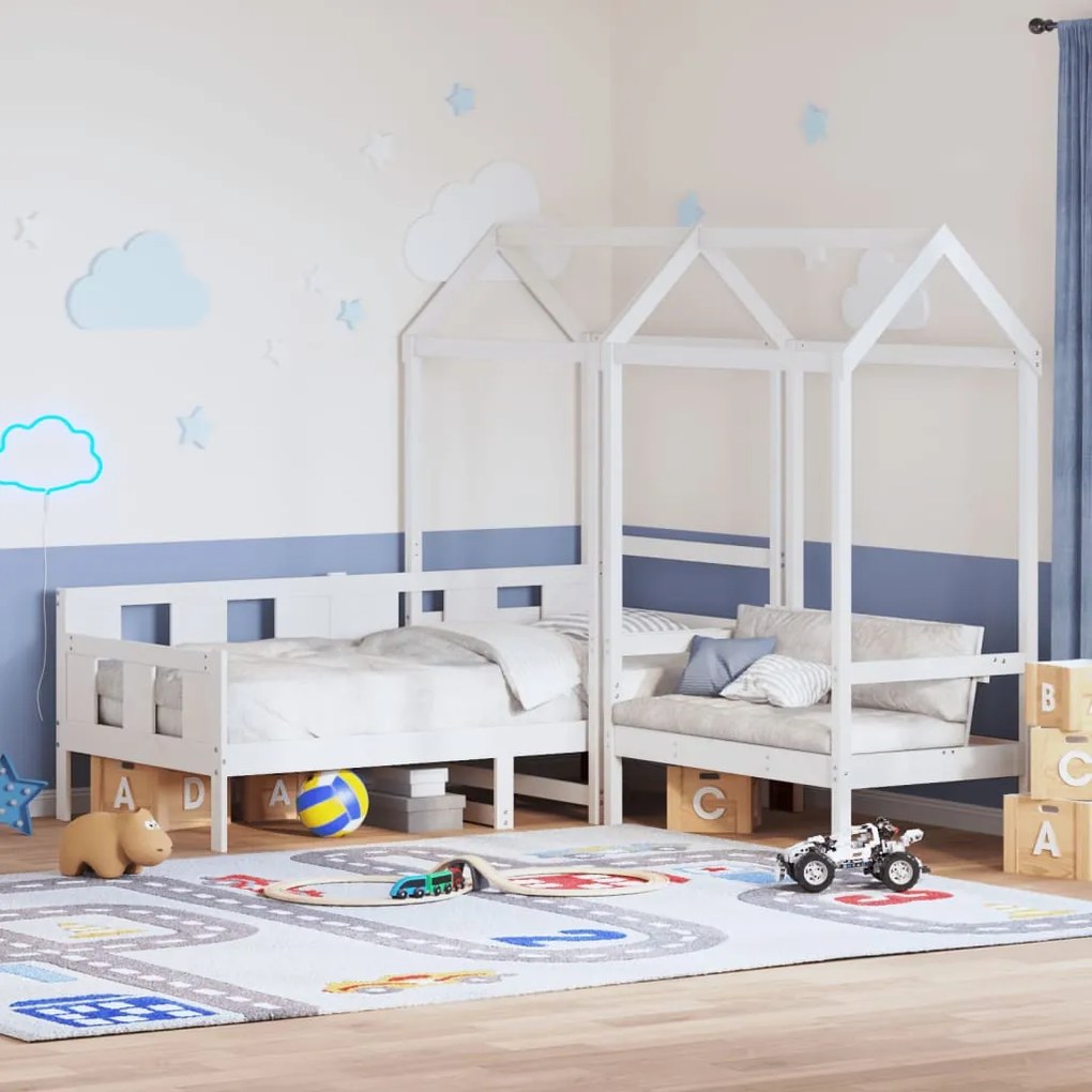 vidaXL Conj. sofá-cama e banco c/ telhado 80x200cm pinho maciço branco