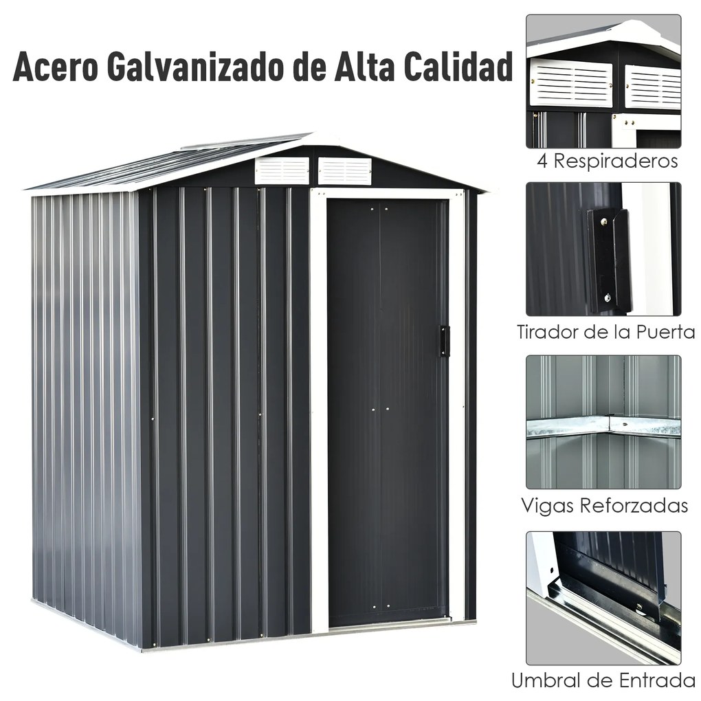 Outsunny Abrigo de Jardim 150x130x186 cm Abrigo de Exterior de Aço Galvanizado com Porta Corredeira e Ventilações para Armazenamento de Ferramentas Cinza