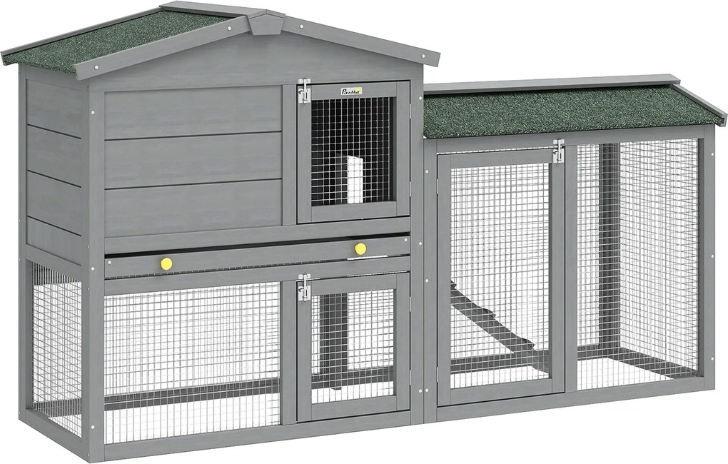 PawHut Coelheira de Madeira de 2 Níveis com Telhado Asfáltico Bandeja Removível e Escada para Exterior 150x45x85 cm Cinzento | Aosom Portugal