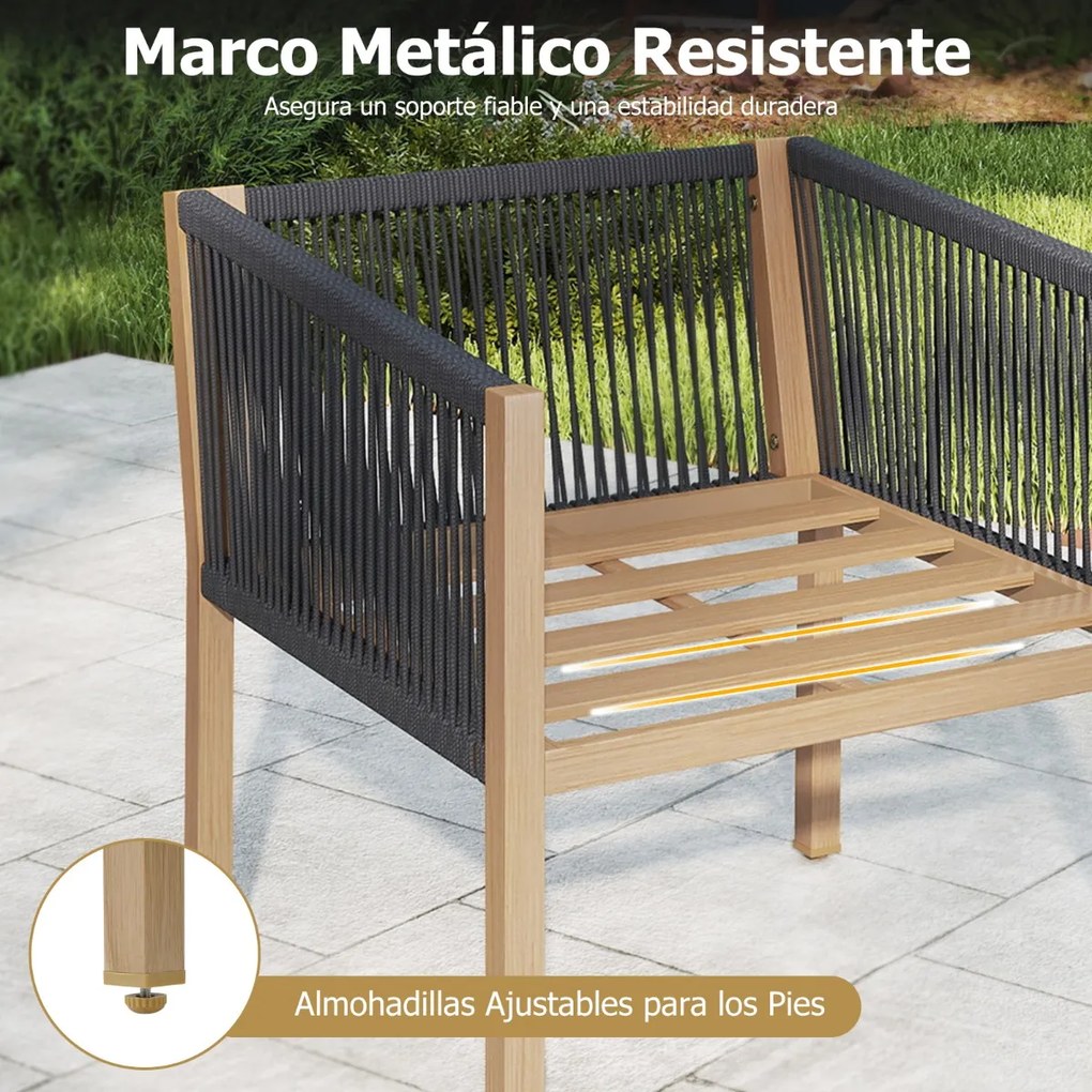 Conjunto Jardim de 3 peças de mobiliário de exterior em corda trançada com almofadas, para terraço, jardim ou varanda Castanho, preto e bege