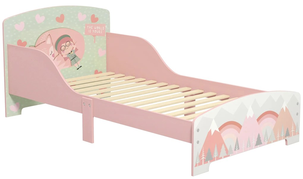 ZONEKIZ Cama para Crianças de Madeira com Barreira de Proteção e Estampados Carga Máx. 40 kg 143x77x60 cm Rosa