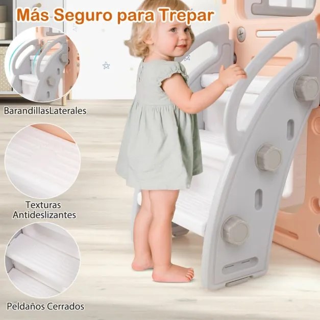 Conjunto de baloiço e escorrega 10 em 1 para crianças com cesto de basquetebol telescópico e corredor infantil Cinza + Rosa