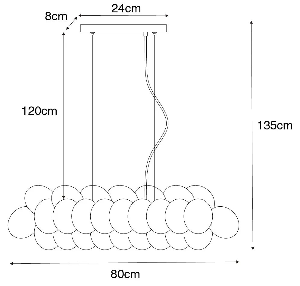 Candeeiro suspenso preto com vidro opala 8 luzes alongado - Uvas Design,Art Deco