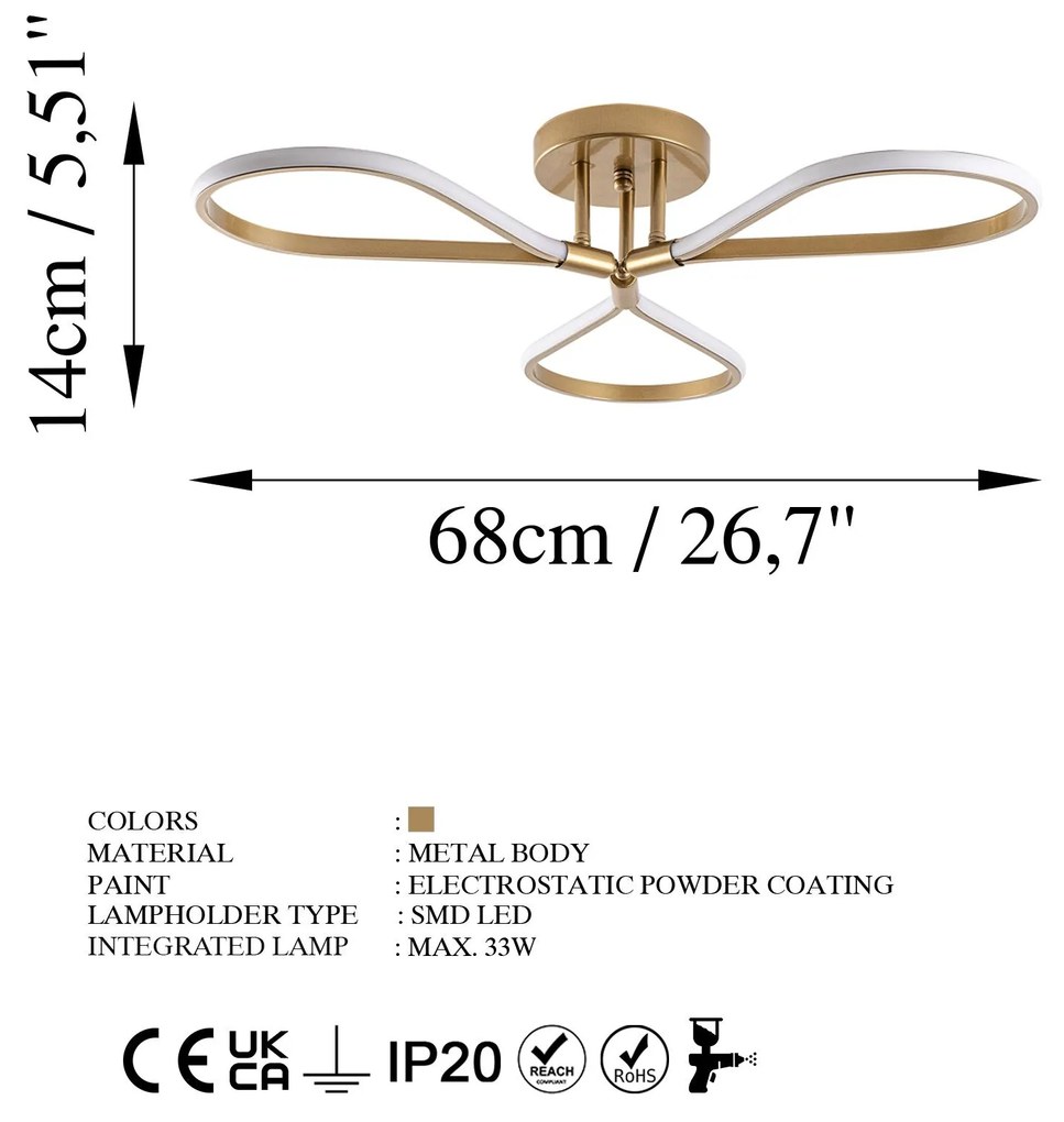 Candeeiro de Teto Damla – Dourado – 68x14x68 cm