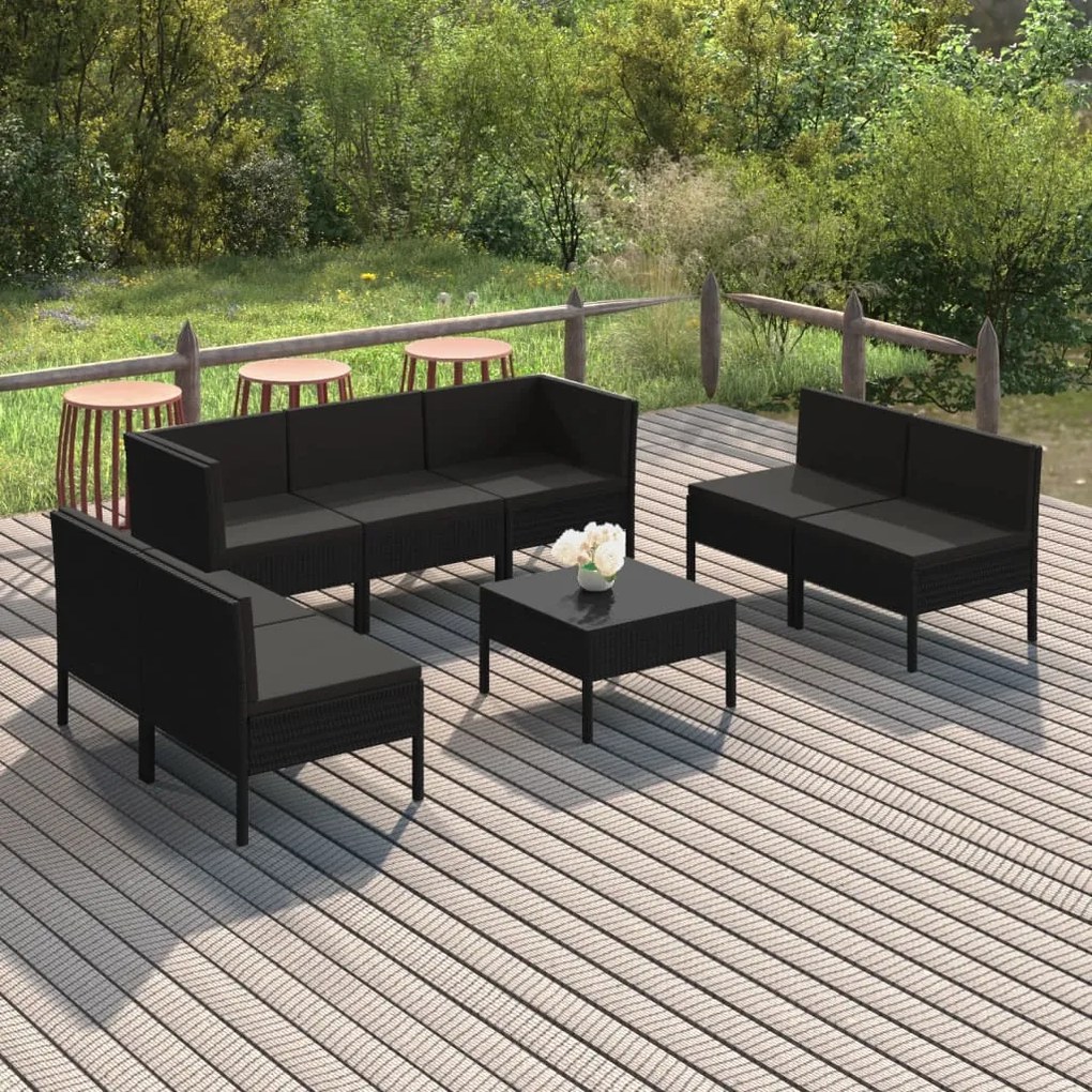 vidaXL 8 pcs conjunto lounge de jardim c/ almofadões vime PE preto