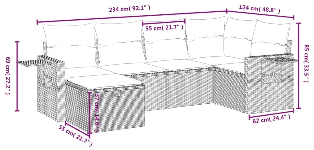 6 pcs conjunto sofás de jardim c/ almofadões vime PE preto
