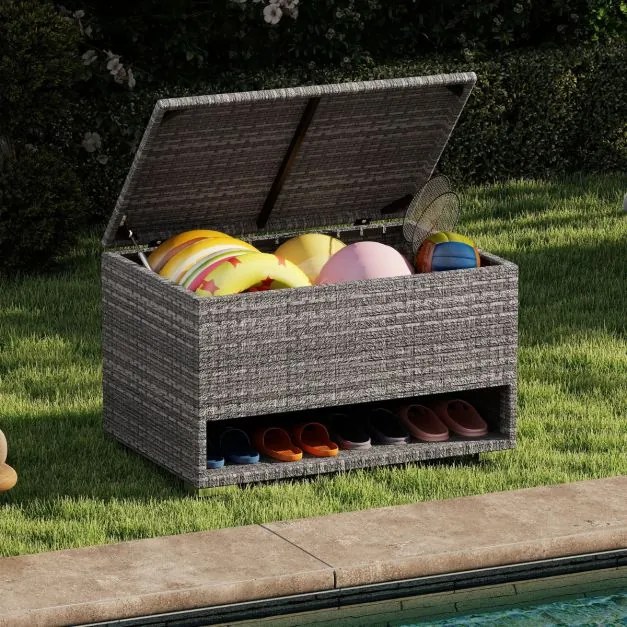 Caixa de armazenamento exterior de rattan com sapateira 95 x 60 x 58 cm com Forro protetor impermeável para Almofadas, terraço Varanda Cinza