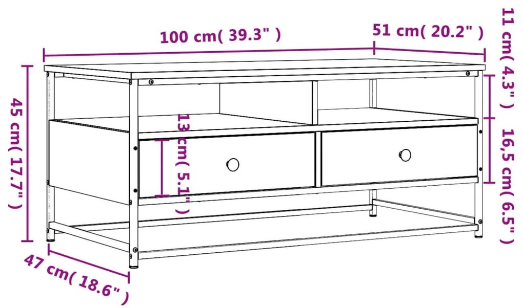 Mesa de centro 100x51x45 cm derivados madeira carvalho fumado