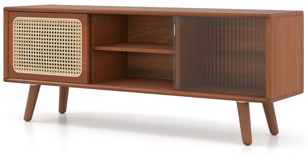 Móvel de TV moderno 120,5 x 31 x 45,5 cm em bambu até 55'' com Portas deslizantes em vime Prateleira Castanho