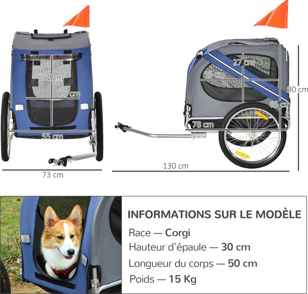 Reboque de bicicleta para cães e animais de estimação 130 x 73 x 90 cm, com 8 refletores, bandeira e barra de engate incluídas, em aço e poliéster imp