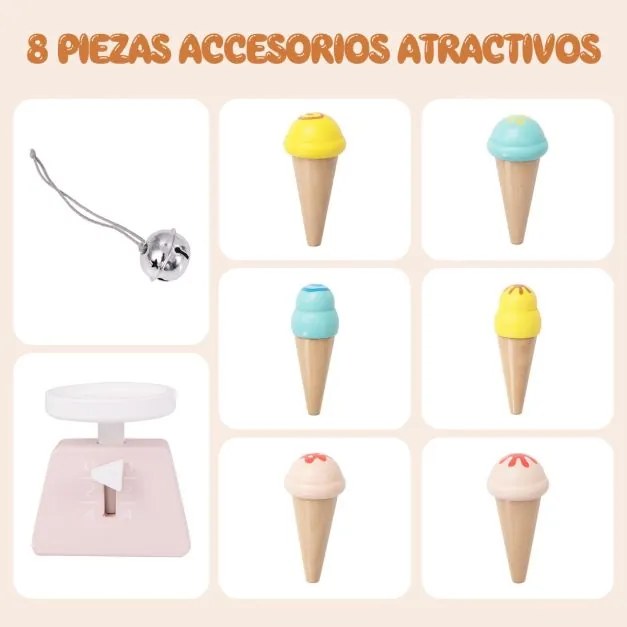 Carrinho de gelados de madeira para crianças com 6 gelados Balança Banca de mercado para crianças com mais de 3 anos Branco e cinzento