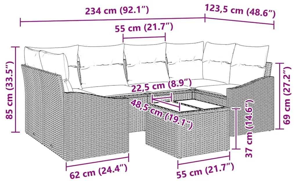 Conjunto de Sofá de Jardim com 7 Peças e Almofadas Preto em Rattan Sin