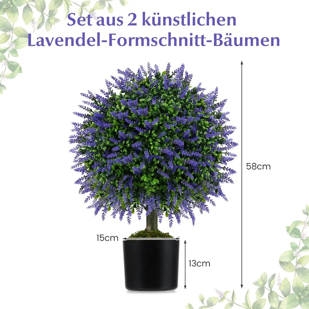 Conjunto de 2 árvores artificiais de lavanda em bola de 58 cm com vaso preenchido com cimento Verde e roxa