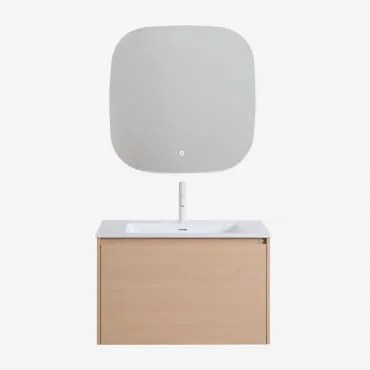 Conjunto De Móvel De Casa De Banho Suspenso Em Madeira Com Lavatório Integrado Jacob Madeira Natural & Quadrado Led E Anti-embaciamento - Sklum
