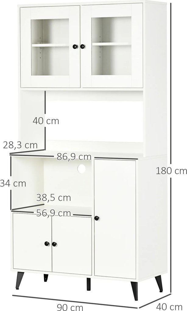 Armário de cozinha com 3 compartimentos 90 x 40 x 180 cm, compartimentos abertos, prateleiras ajustáveis, portas com vidro, passacabo, branco