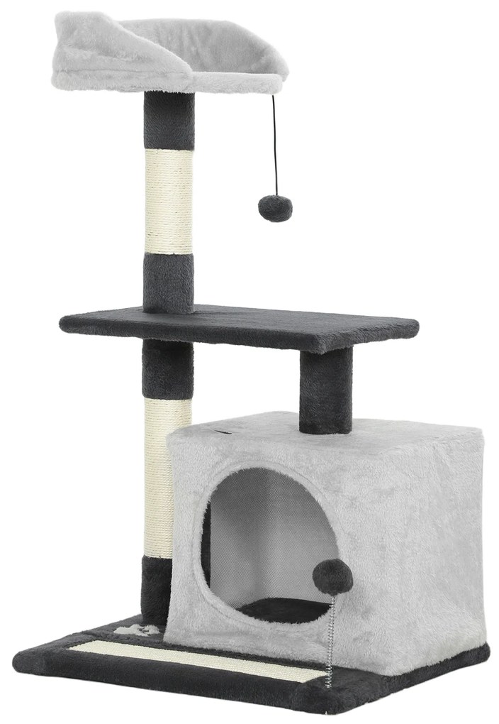 PawHut Arranhador para Gatos com Plataformas Caverna Postes Arranhadores Tapete de Sisal e Bolas 48x40x85 cm Cinzento Claro e Preto | Aosom Portugal