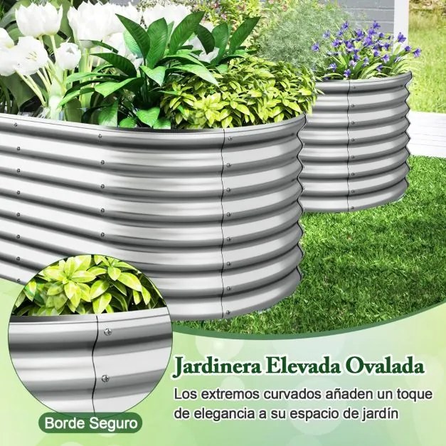Floreira elevada de metal para jardim 165 x 80 x 60 cm com base aberta, placas metálicas pulverizadas, caixa de exterior para vegetais, prateada