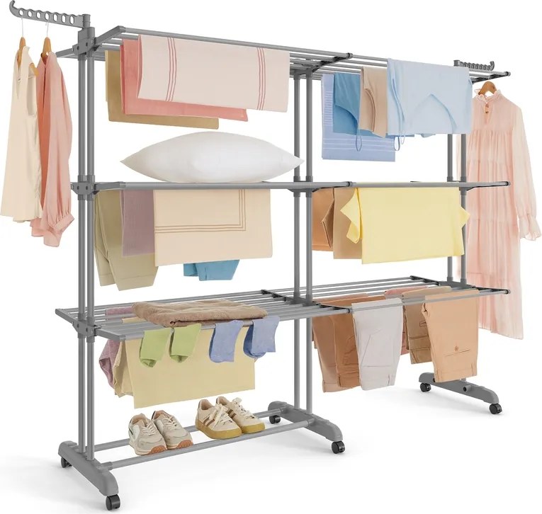 Estendal de roupa de 4 prateleiras com rodas 63,5 x (131-200) x 177,5 cm, cinzento