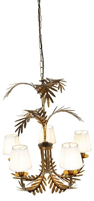 Candeeiro de teto dourado com abajur de tecido plissado creme 5 luzes - Botanica Clássico / Antigo