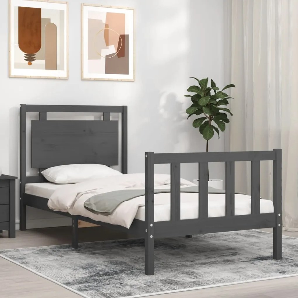 vidaXL Estrutura de cama com cabeceira 90x200 cm madeira maciça cinza