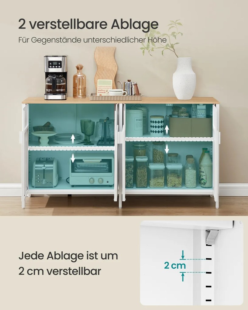 Armário de arrumação sala, cozinha, escritorio 40 x 141 x 76 cm com 4 portas em aglomerado de madeira e aço branco e bege carvalho