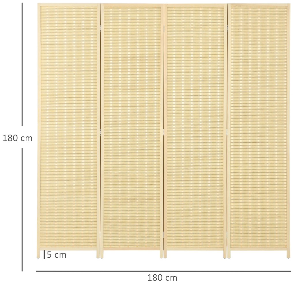 Biombo de 4 Painéis Dobrável 180x180 cm Separador de Ambientes Tecido a Mão de Bambu e Fio de Algodão 180x180 cm Madeira