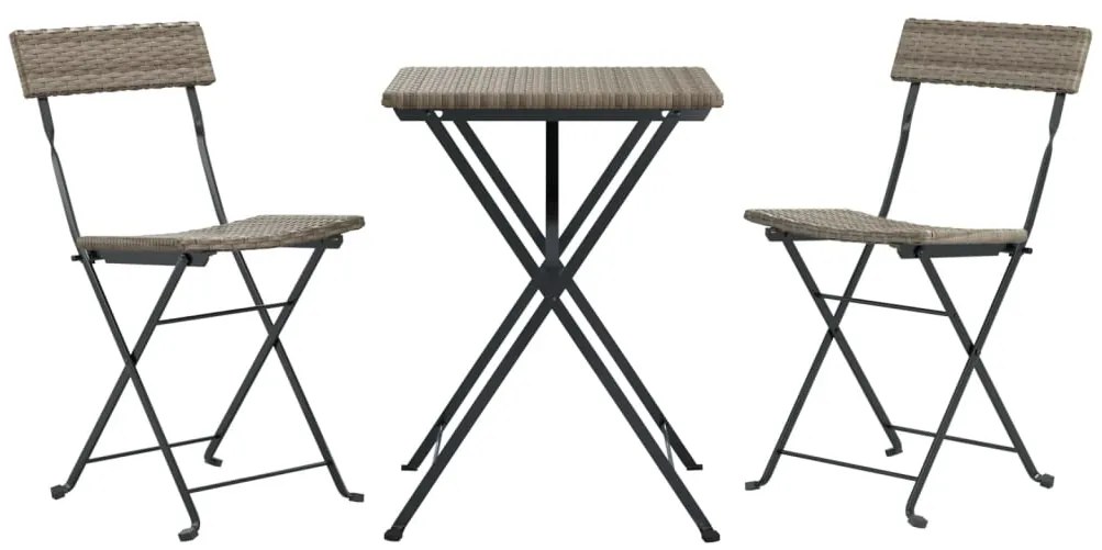 3 pcs conjunto de bistrô dobrável vime PE cinzento