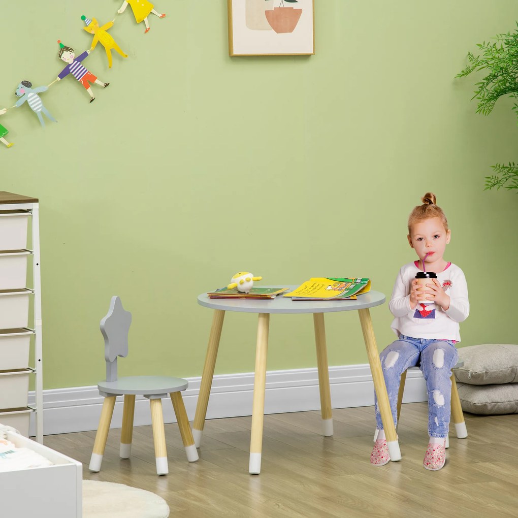 HOMCOM Conjunto de Mesa e 2 Cadeiras de Madeira para Crianças com Mesa Redonda Ø59x50cm e Cadeiras Ø28x51 Mobiliário Infantil para Sala de Jogos Quarto Cinza e Madeira