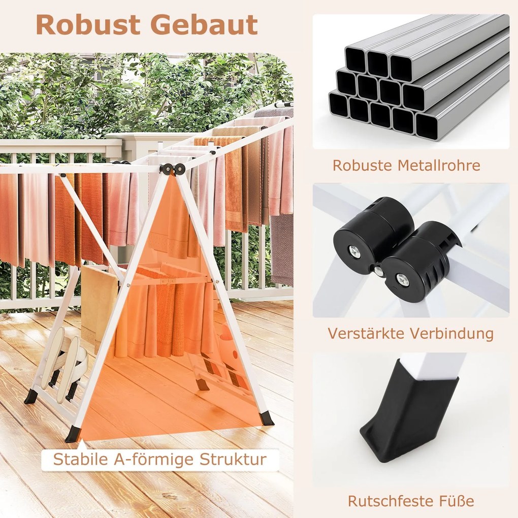 Estendal dobrável com braços ajustáveis 163 x 56 x 99–158 cm, pinças para meias e prateleira para sapatos, secador de roupa extensível branco