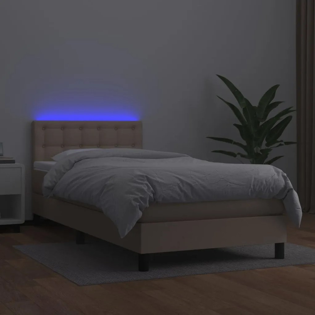 Cama box spring c/ colchão/LED 90x190cm couro artif. cappuccino