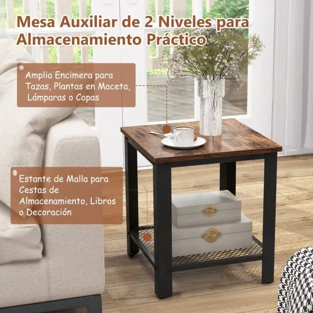 Mesa de apoio, mesa cabeçeira de 2 níveis quadrada com estante de rede Estrutura metálica Mesa de cabeceira com estrutura metálica para sala de estar
