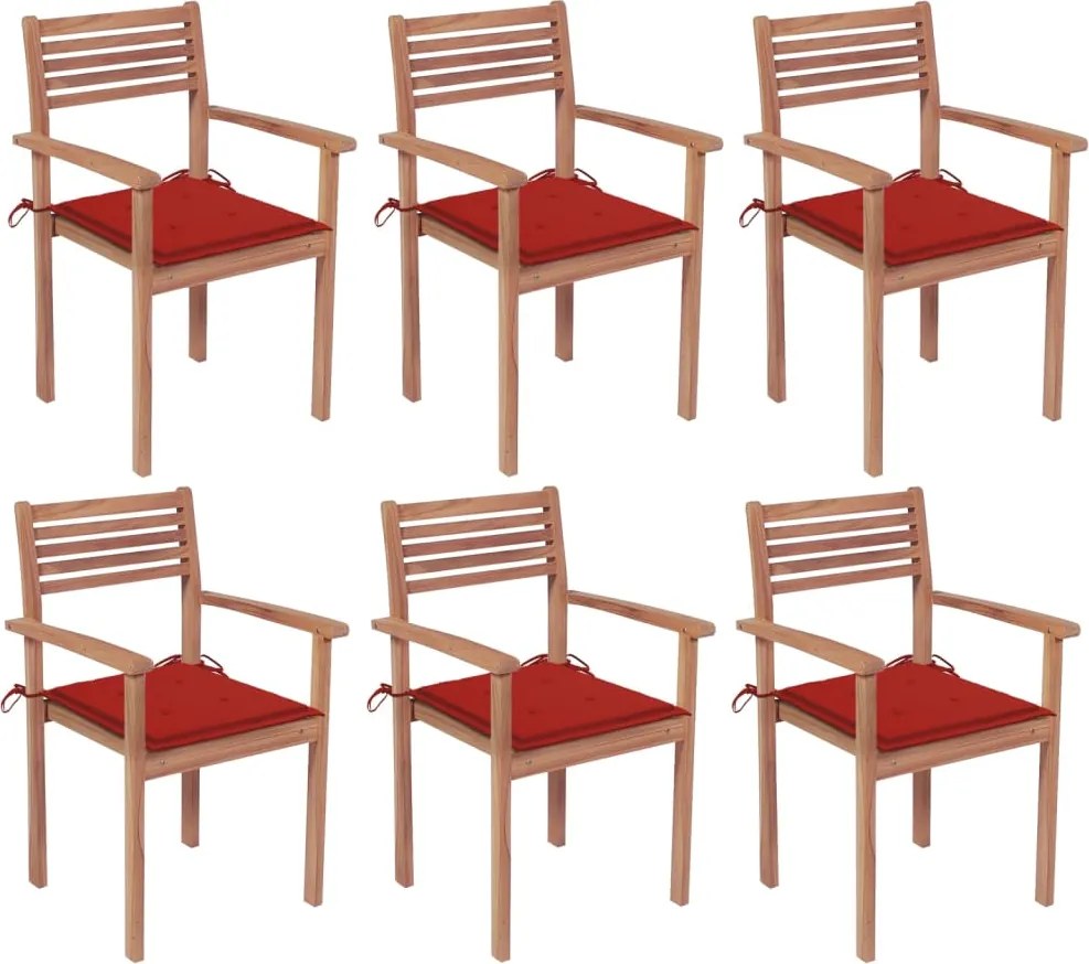 vidaXL Cadeiras de jardim empilháveis c/ almofadões 6 pcs teca maciça