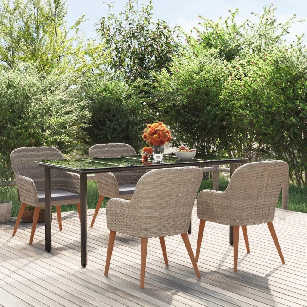 vidaXL 5 pcs conjunto de jantar p/ jardim c/ almofadões castanho