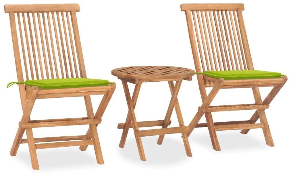 3 pcs conj. jantar dobrável exterior c/ almofadão teca maciça