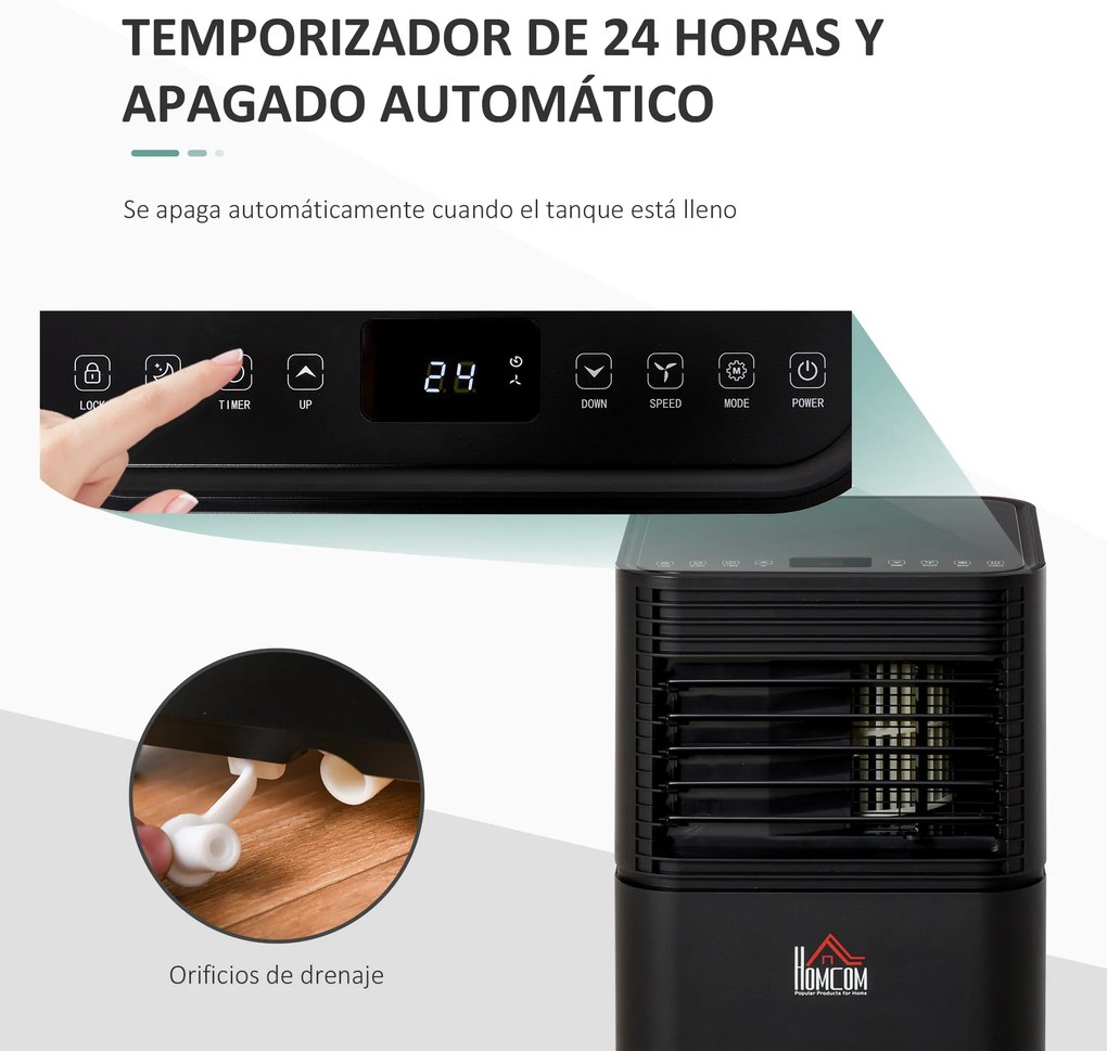 HOMCOM Ar Condicionado Portátil 5000BTU 4 em 1 Desumidificador Refrigerador R290 Móvel com 2 Velocidades Controlo Remoto Ecrã LED Temporizador 30,5x32,5x68cm Preto