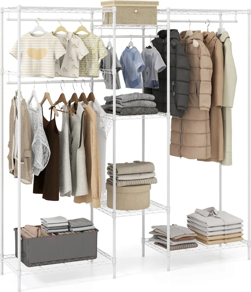 Guarda-roupa aberto portátil 188 x 46 x 198 cm conversível L metálico com 7 prateleiras ajustáveis 4 barras Carga 530 kg Branco